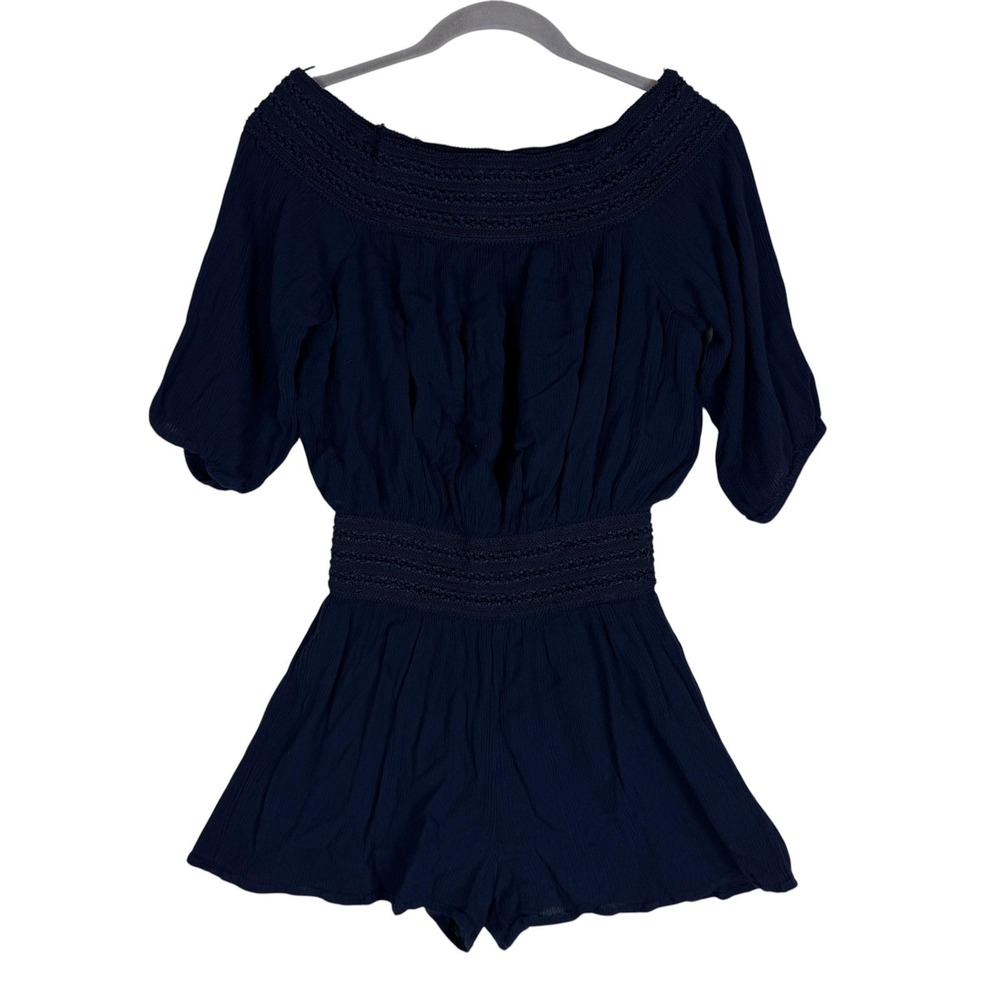 Purple Snow Romper Women S Blue Lace Smocked Elastic Waist 3/4 Sleeve Boho